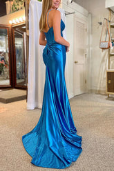 Satin Sheath V-neck Spaghetti Straps Prom Dress With Side Slit